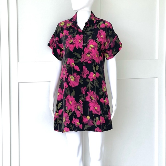 Alice + Olivia 100% Silk Lucette Floral Print Mini Shirt Dress Dropped Shoulder - Picture 6 of 11